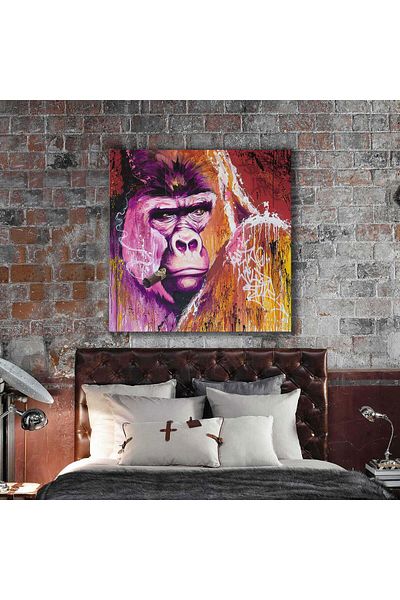 SML TABLO Gorila colorată care fumează un trabuc Animal sălbatic Art Pictură pe pânză pătrată