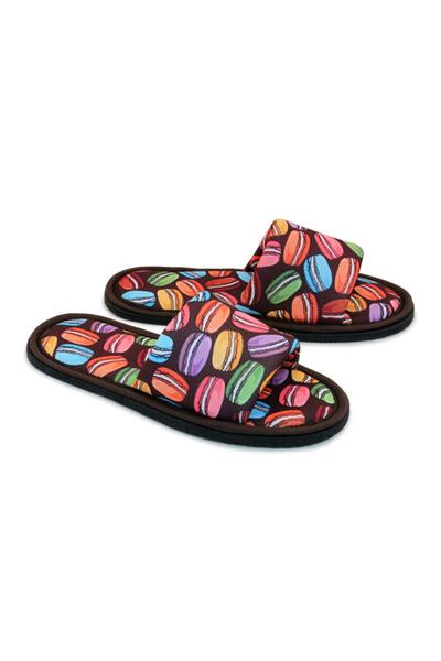 Chochili Papuci de casă unisex maro cu model macaron, cu talpă moale, deschisă în față