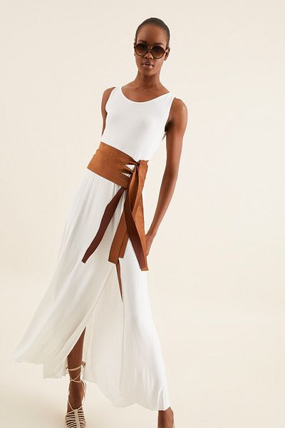 Quincey Women's Ecru Suede Belted Slit Dress