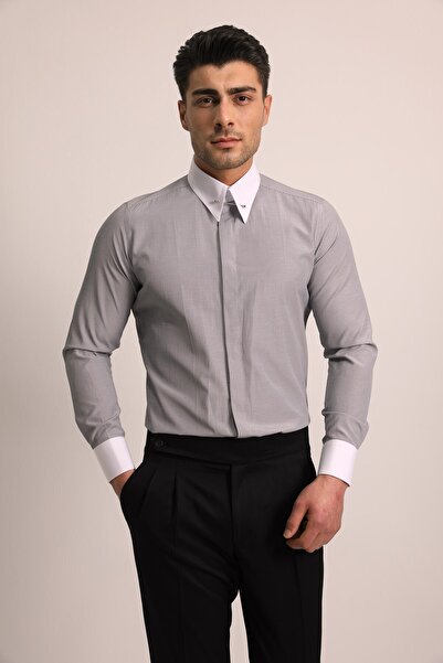 Fc Plus Erkek Gri Iğneli Sivri Yaka Gömlek - Slım Fıt