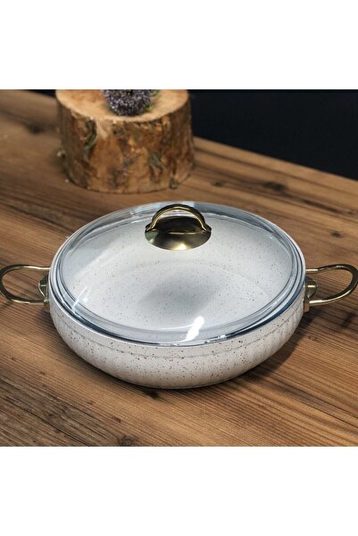 Lines Granit Tencere 30 Cm 6 Litre Basık Pilav Karnıyarık Tenceresi Yapışmaz Beyaz-gold