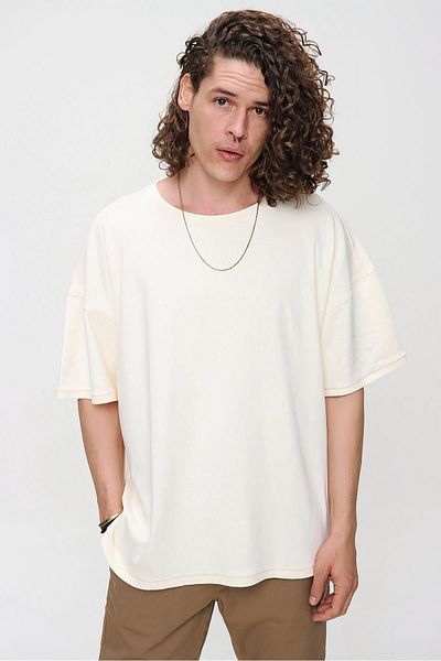CHUBA Ανδρικό μπλουζάκι με μπεζ Premium Crew Neck Textured Oversize Slit Λεπτομερές T-shirt 21s104