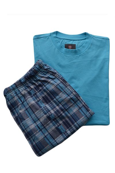 Nur Aka by Nurteks Men's Turquoise Oversize Pajama Set with Plaid Pattern