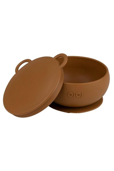OiOi Vacuum Bottom Brown Silicone Bowl with Lid