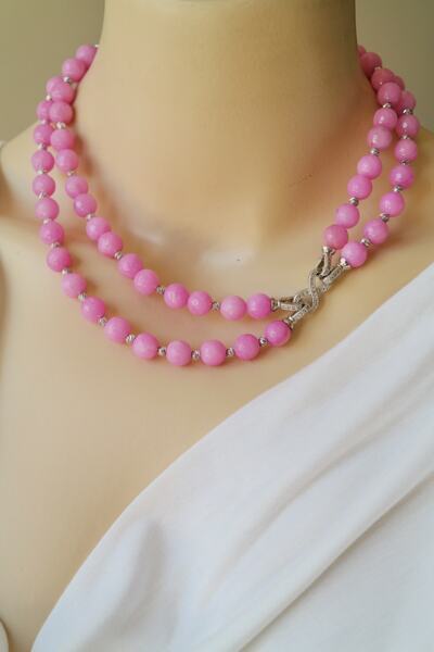 maycollection Zirkon Taşlı Kapamalı Pembe Yeşim Doğaltaş Tasarım Ikili Kolye