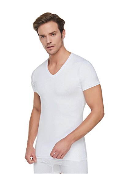 Tutku قميص داخلي مضلع برقبة على شكل حرف V للرجال - عبوة من 5 قطع - أبيض