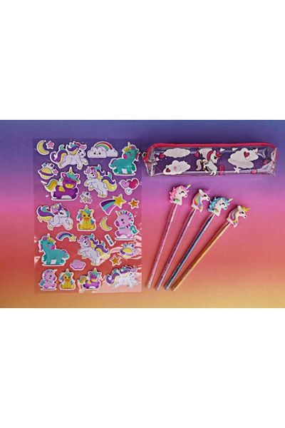 Pippa Unicorn Headed 4-Piece Egg Laying Pen Stickers and Pen Bag Set