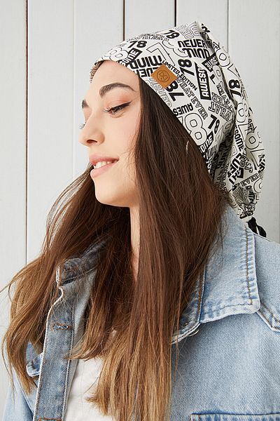 Butikgiz Women's White Black Patterned Rope Detailed 4 Season Hat Beanie Buff Ultra Soft Natural Combed Cotton
