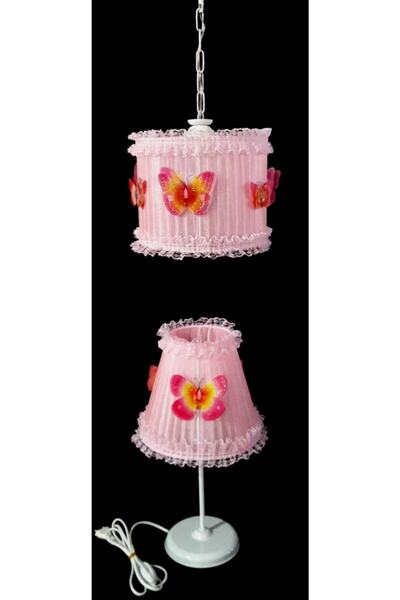 TEKAY AYDINLATMA Çocuk Odası Pembe Kelebekli Avize Abajur Seti