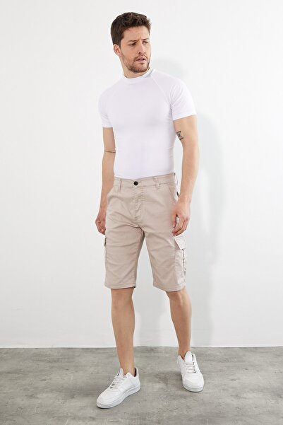 comstar Men's Cotton Loose Stretchy Cargo Pocket Cream Capri Shorts