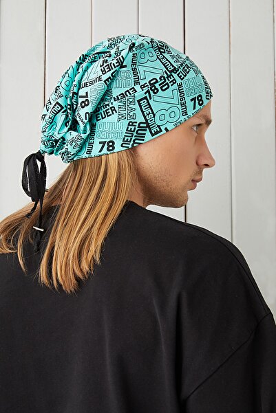 Butikgiz Men's Turquaz Black Patterned Rope Detailed 4 Season Hat Beanie Buff Ultra Soft Natural Combed Cotton