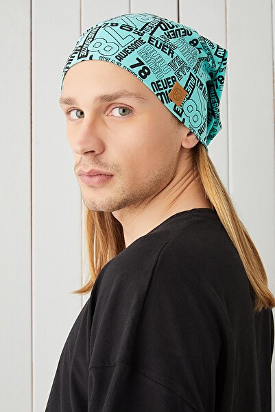 Butikgiz Men's Turquaz Black Patterned Rope Detailed 4 Season Hat Beanie Buff Ultra Soft Natural Combed Cotton