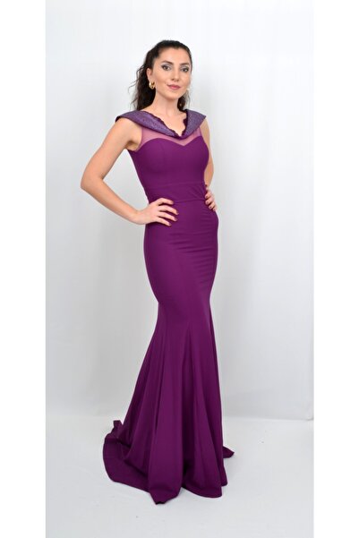 ALİS DRESS Kadın Mor Rengi Yakası Taş Ve Dantel Detaylı Abiye