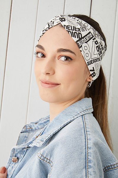 Butikgiz Women's White Black Patterned Extra Soft Flexible Natural Cotton Bandana Hair Band