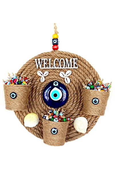 Mixperi Ψάθινο στολίδι πόρτας με τρεις γλάστρες, κείμενο καλωσορίσματος, κοχύ...