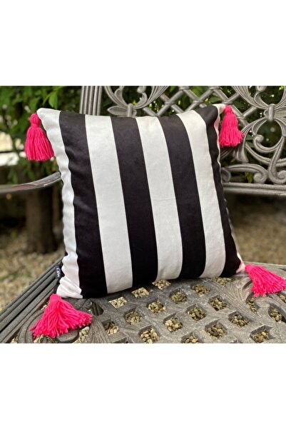 MER HOME Față de pernă cu dungi alb-negru cu ciucuri roz