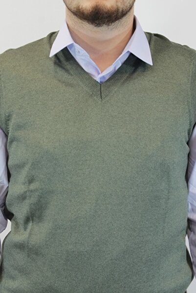 NACAR STORE Khaki Smoked Men's Sweater - V-Neck, Thin Wool Knitwear, Non-Pill...