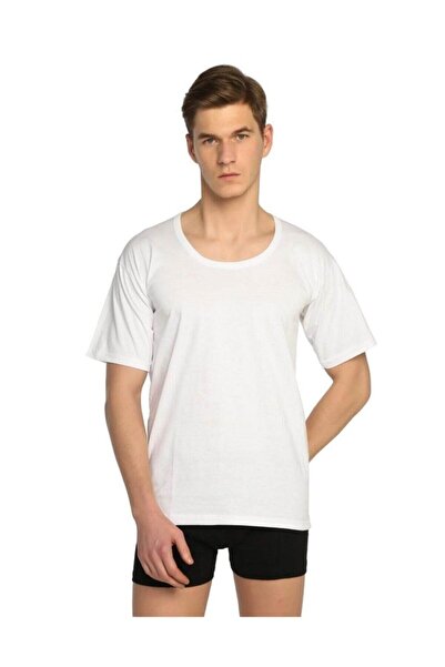 Tutku Мъжка бяла памучна блуза с кръгло деколте, 6 части