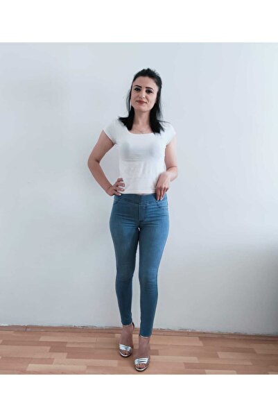 AZEM KOTÇU Kadın Açık Mavi Beli Lastikli Likralı Yüksel Bel Kot Pantolon