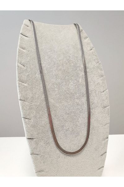 ROMERON Women's Silver Italian Flat Chain Long Steel Necklace