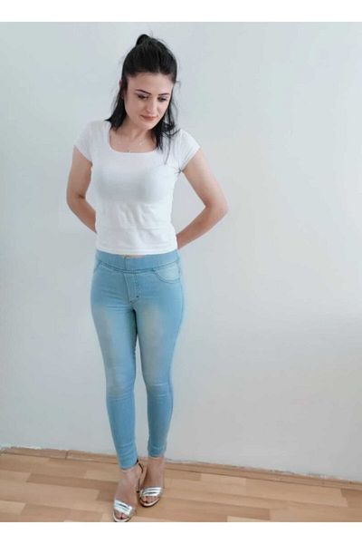 AZEM KOTÇU Women's Ice Blue Elastic Waist Lycra High Waist Jeans