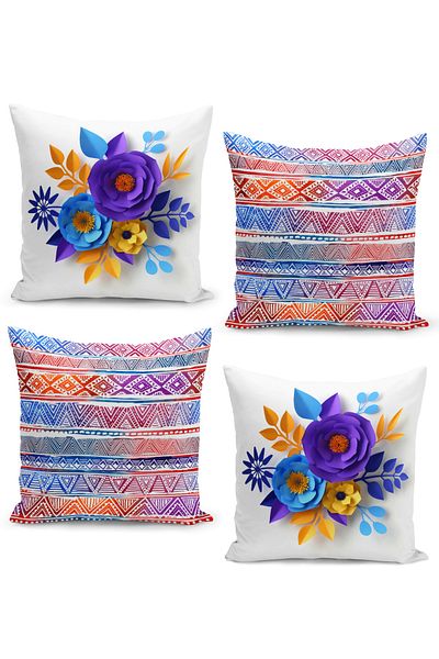 Filamente 4-Piece Throw Pillow Case Set with Ikat Ethnic Pattern and 3-D Floral Design