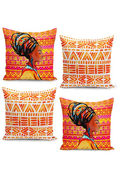 Filamente Set of 4 Throw Pillow Cases with African Portrait Pattern