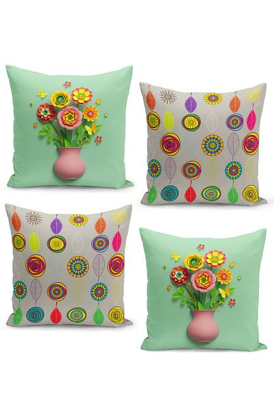 Filamente 4-Piece Throw Pillow Case Set with Ikat Ethnic Pattern and 3-Piece Vase with Flower Design