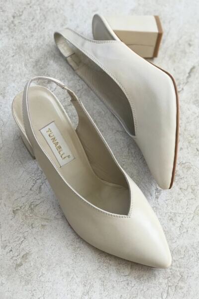 TUNAELLİ Kadın Bej Hakiki Deri Topuklu Ayakkabı