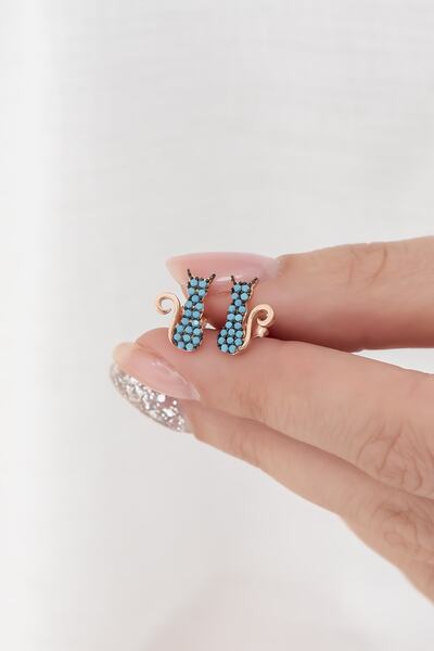 Nereze 925 Ayar Minik Turkuaz Kedi Küpe Kadın Gümüş Küpe