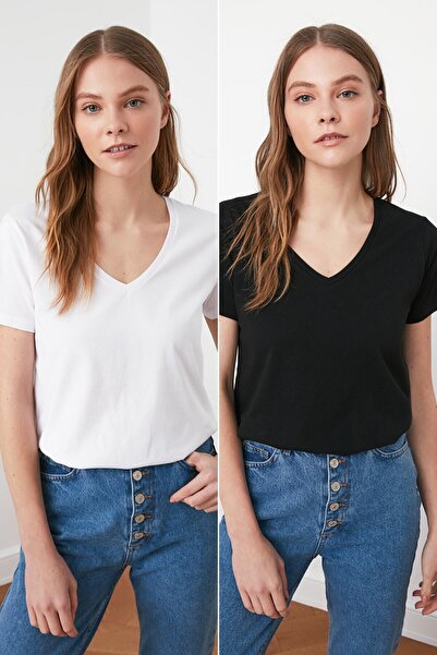 Devinka Tricou tricotat cu decolteu în V alb-negru