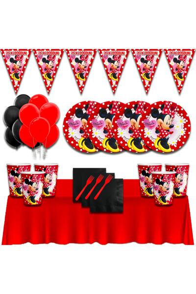 Minnie Mouse Kırmızı 16 Kişilik Doğum Günü Parti Süsleri Malzemeleri Seti