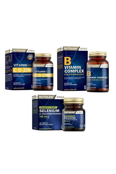 Nutraxin Vitamin B 60 Tablets + Vitamin Max 60 Tablets + Selenium 100 Mcg 100 Tablets - Containing B1 B2 B3 B5 B6 B12