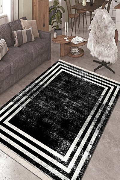 Modern home Beyaz Çerceveli Eskitme Tasarımlı Modern Halı Yolluk Kolay Temizl...