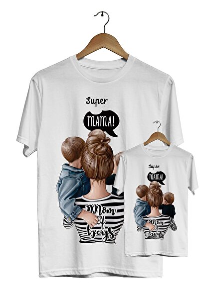 ACR Giyim Unisex Matka i dziecko Biała Super Mama Mama Chłopców Cyfrowy nadruk T-shirt