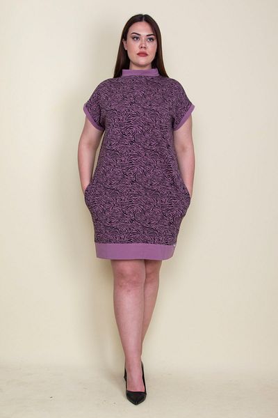 Şans Women's Plus Size Lilac High Collar Low Sleeve Tunic Dress with Side Pockets 65n25784