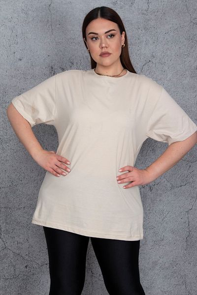 Şans Women's Large Size Beige Cotton Fabric Crew Neck Basic Blouse 65n25609