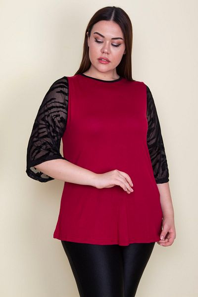 Şans Women's Large Size Burgundy Sleeves Flocked Tulle Detailed Viscose Blouse 65n25580