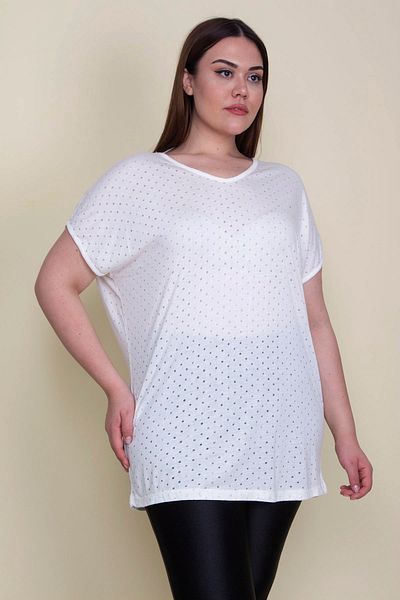 Şans Women's Large Size Bone Lace Fabric V-Neck Low Sleeve Blouse 65n25690