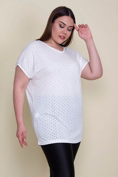 Şans Women's Large Size Bone Lace Fabric V-Neck Low Sleeve Blouse 65n25690
