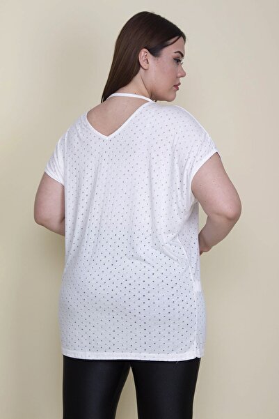 Şans Жіноча блуза великого розміру з кістковим коміром, V-подібним вирізом і короткими рукавами 65n25690