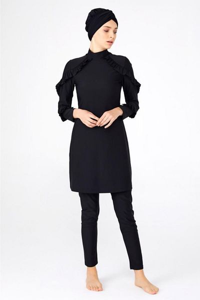 Adasea Μαύρο Lycra Ruffle Design Hijab Μαγιό 2021 4104