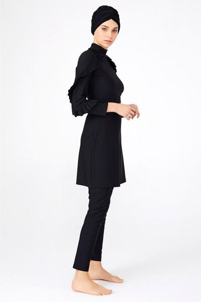 Adasea Μαύρο Lycra Ruffle Design Hijab Μαγιό 2021 4104