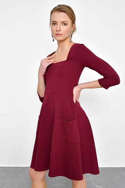 Hanna's by Hanna Darsa Kadın Bordo Kare Yakalı Kloş Elbise