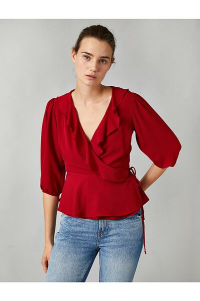 Koton Long Sleeve Flounce V-Neck Crepe Blouse