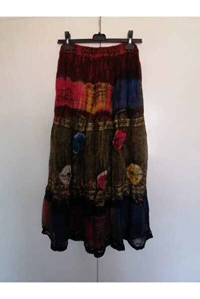 Butik Tülin Otantik Krep Şifon Kırmızı Haki Taşlama Batik Etek