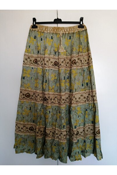 Butik Tülin Otantik Viskon Bej Taşlama Parçalı Katlı Uzun Etek