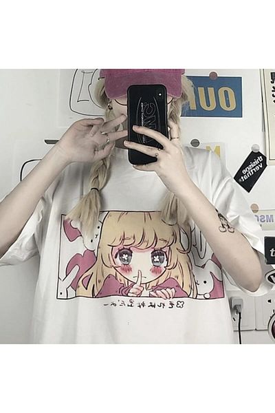 Köstebek Ars Harajuku Girl And Rabbit White Unisex T-shirt