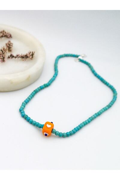 camADA Turuncu Kalp Nazarlık Kare Boncuklu Turkuaz Gümüş Kolye