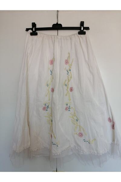 Butik Tülin Otantik Pamuk Bürümcük Beyaz Çiçek Nakışlı Kısa Etek